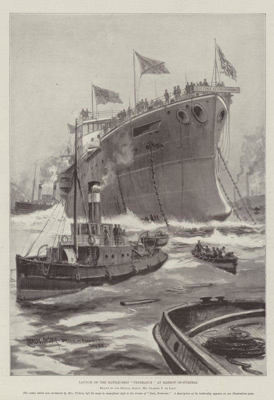 Te Water Laten van het Slagschip Vengeance in Barrow-in-Furness door Charles John de Lacy