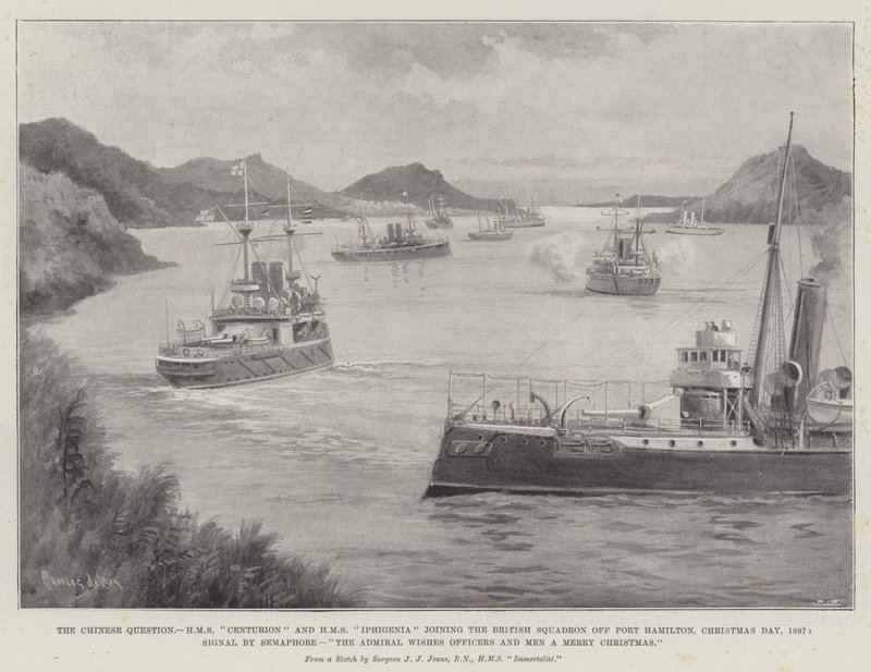 De Chinese Kwestie, HMS Centurion en HMS Iphigenia voegen zich bij het Britse Eskader bij Port Hamilton, Eerste Kerstdag, 1897, Signaal door Semafor, De Admiraal wenst Officieren en Mannen een Vrolijk Kerstfeest door Charles John de Lacy