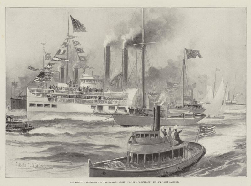 De Aankomende Anglo-Amerikaanse Jachtrace, Aankomst van de Shamrock in de Haven van New York door Charles John de Lacy