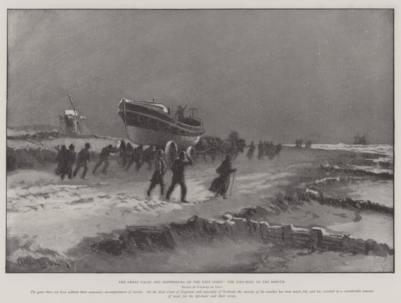 De Grote Stormen en Schipbreuken aan de Oostkust, de Reddingsboot te Hulp door Charles John de Lacy