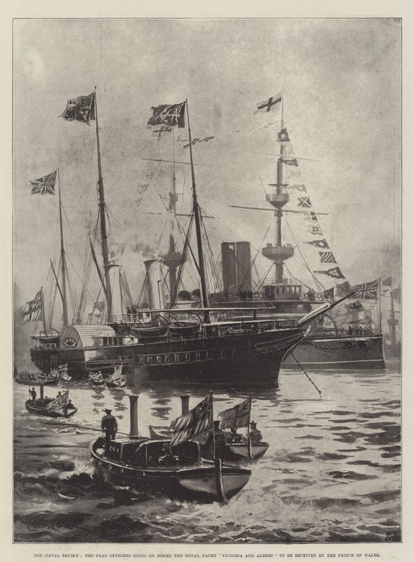 De Marine Review, de Vlagofficieren gaan aan Boord van het Koninklijk Jacht Victoria en Albert om ontvangen te worden door de Prins van Wales door Charles John de Lacy