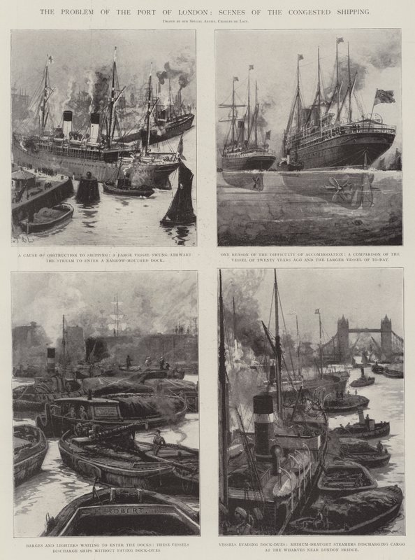 Het probleem van de haven van Londen, scènes van de overvolle scheepvaart door Charles John de Lacy