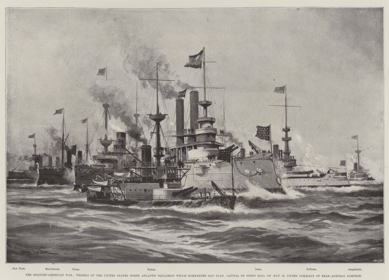 De Spaans-Amerikaanse Oorlog, Schepen van het Noord-Atlantische Eskader van de Verenigde Staten die San Juan, de hoofdstad van Puerto Rico, bombardeerden op 12 mei, onder bevel van Schout-bij-nacht Sampson door Charles John de Lacy