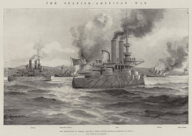 De Spaans-Amerikaanse Oorlog, de vernietiging van de vloot van admiraal Cervera buiten de haven van Santiago op 3 juli door Charles John de Lacy