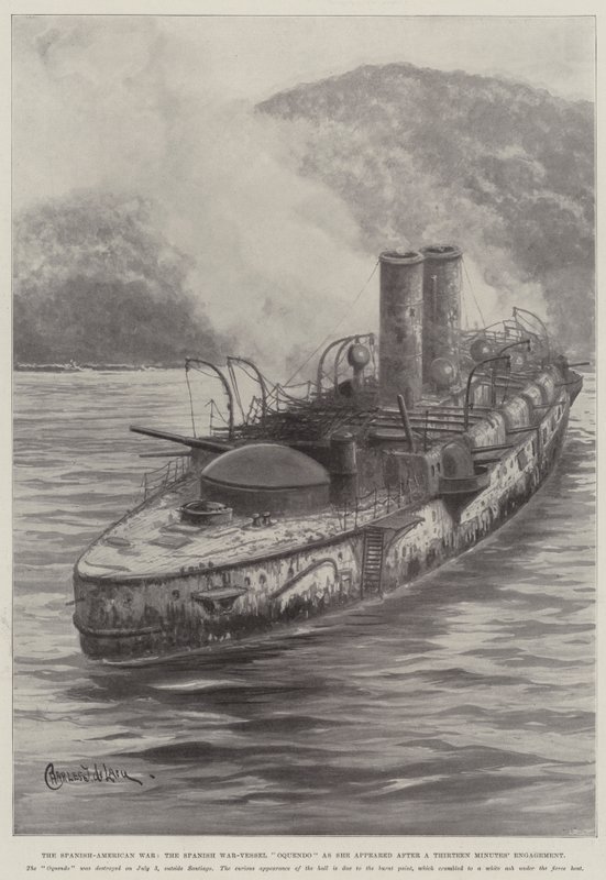 De Spaans-Amerikaanse Oorlog, het Spaanse oorlogsschip Oquendo zoals het eruitzag na een gevecht van dertien minuten door Charles John de Lacy