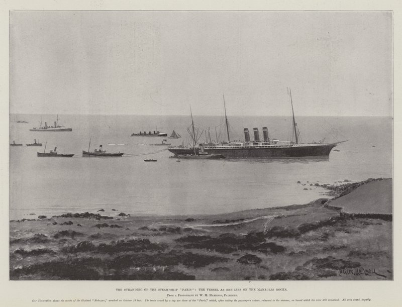 De stranding van het stoomschip Paris, het schip zoals het ligt op de Manacles Rocks door Charles John de Lacy