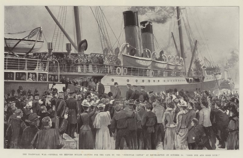 De Transvaaloorlog, generaal Sir Redvers Buller vertrekt naar de Kaap met de Dunottar Castle in Southampton op 14 oktober, vaarwel en veel geluk! door Charles John de Lacy