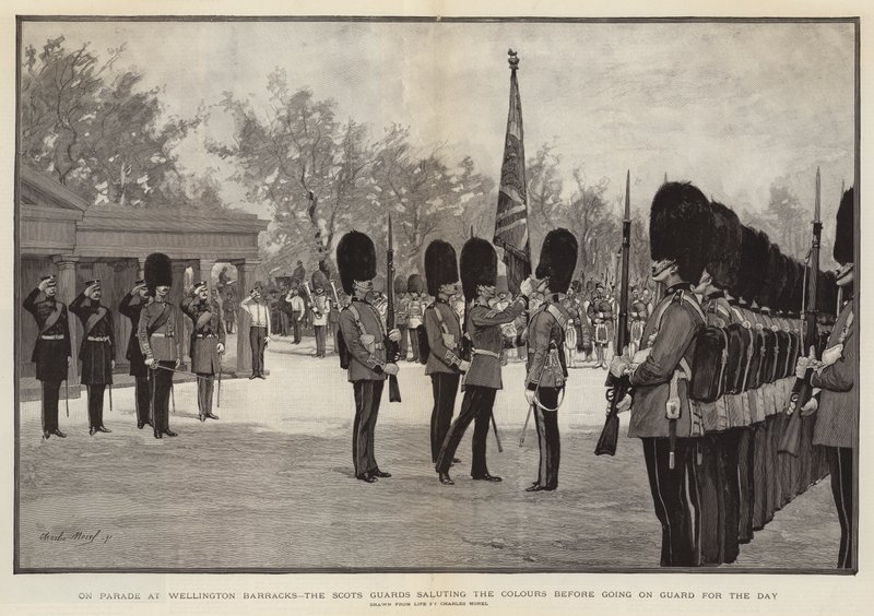 Op parade bij Wellington Barracks, de Scots Guards groeten de kleuren voordat ze de wacht betreden voor de dag door Charles Morel