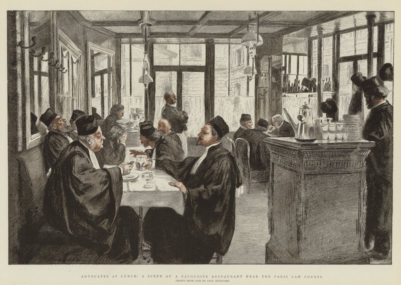 Advocaten tijdens de lunch, een scène in een favoriet restaurant nabij de Parijse rechtbanken door Charles Paul Renouard