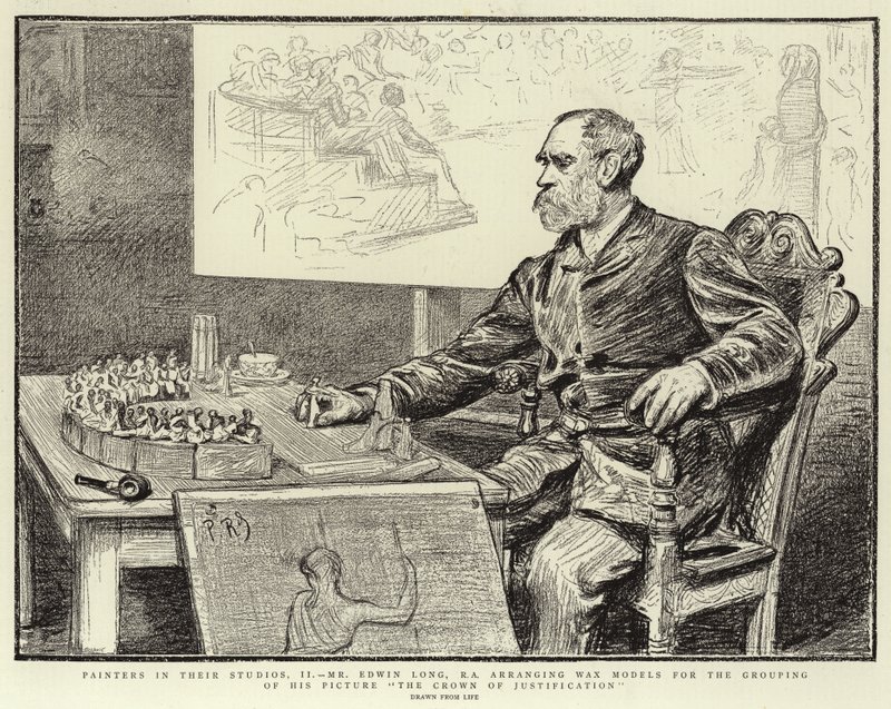 Schilders in hun ateliers, II, Mr Edwin Long, R A, rangschikt wasmodellen voor de groepering van zijn schilderij De Kroon van Rechtvaardiging door Charles Paul Renouard