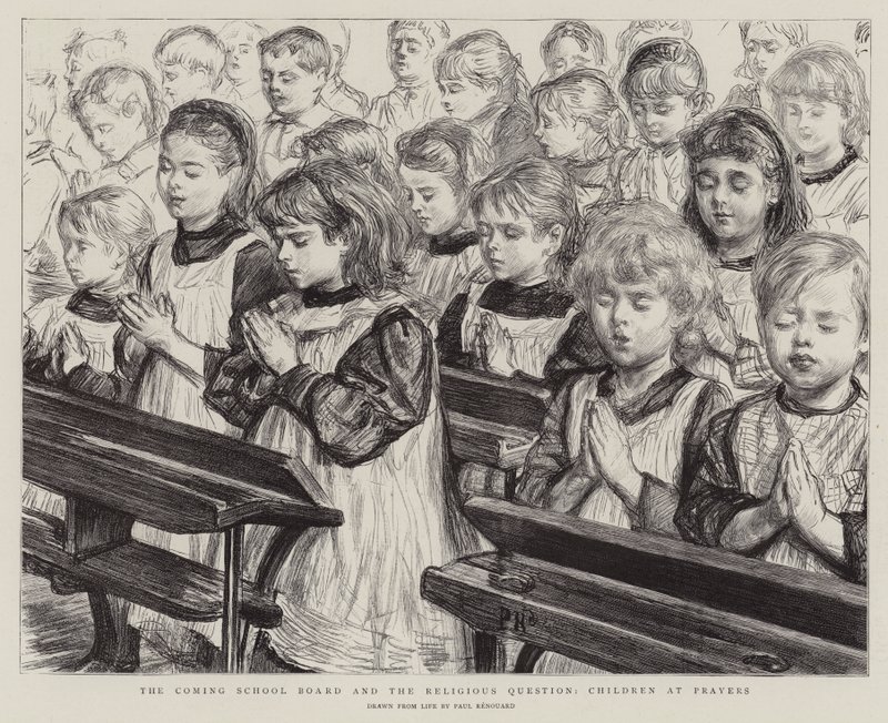De komende schoolraad en de religieuze kwestie, kinderen bij gebeden door Charles Paul Renouard