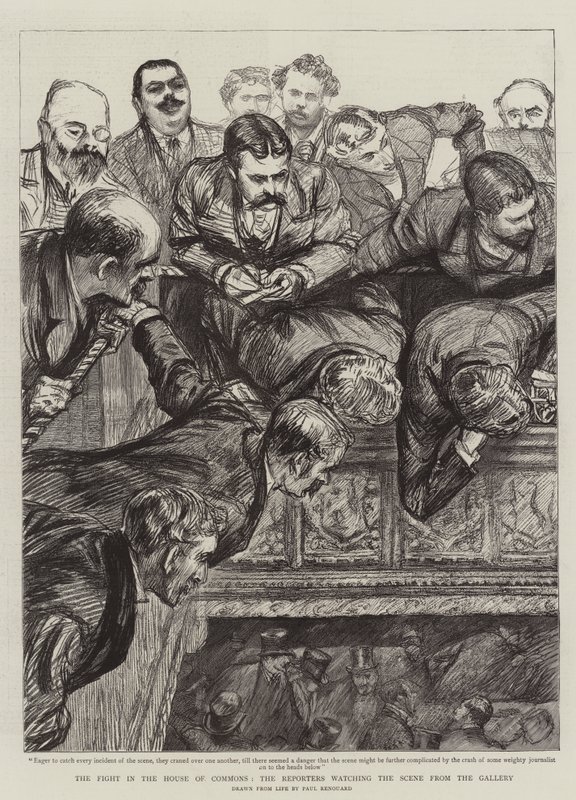 Het gevecht in het Lagerhuis, de verslaggevers kijken naar de scène vanuit de galerij door Charles Paul Renouard