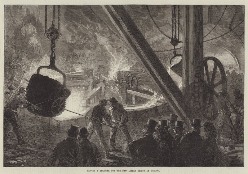 Gieten van een cilinder voor de nieuwe Albertbrug in Chelsea door Sir John Charles Robinson