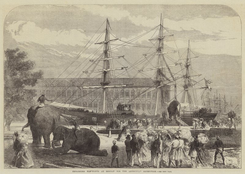 Olifanten inschepen in Bombay voor de Abessijnse expeditie door Sir John Charles Robinson