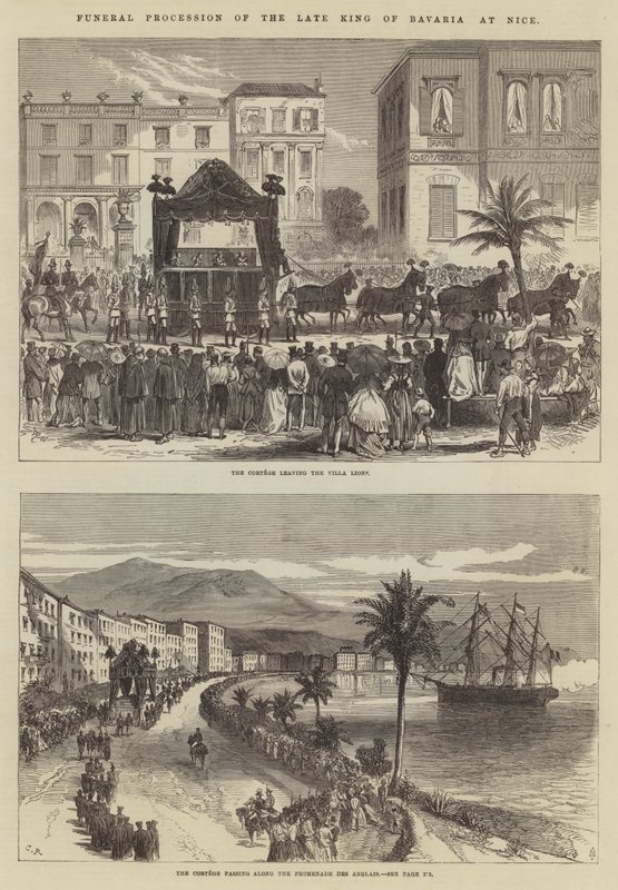 Begrafenisstoet van de overleden Koning van Beieren in Nice door Sir John Charles Robinson