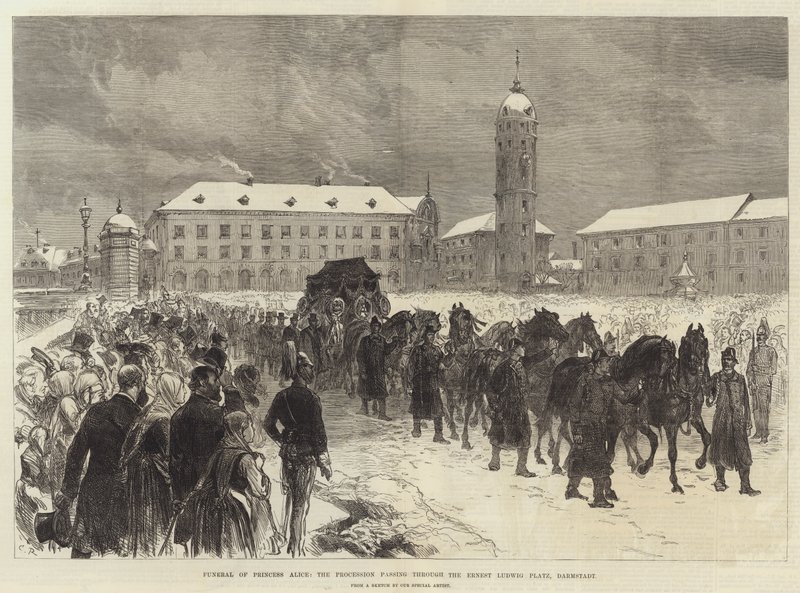 Begrafenis van Prinses Alice, de processie die door de Ernest Ludwig Platz, Darmstadt, trekt door Sir John Charles Robinson