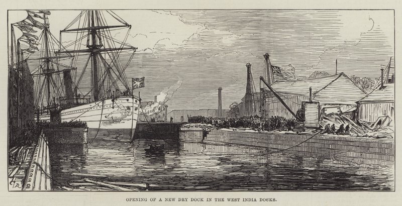 Opening van een nieuwe droogdok in de West India Docks door Sir John Charles Robinson
