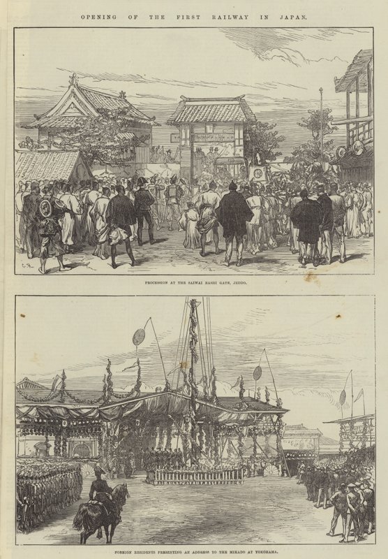 Opening van de eerste spoorweg in Japan door Sir John Charles Robinson
