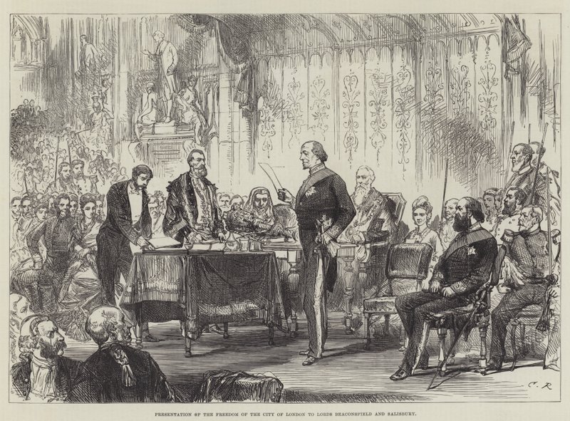 Overhandiging van de Vrijheid van de Stad Londen aan Lords Beaconsfield en Salisbury door Sir John Charles Robinson