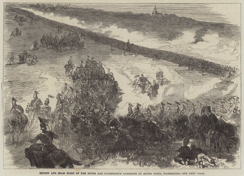 Review en Schijngevecht van de Dover en Shorncliffe Garnizoenen bij Round Down, Folkestone door Sir John Charles Robinson