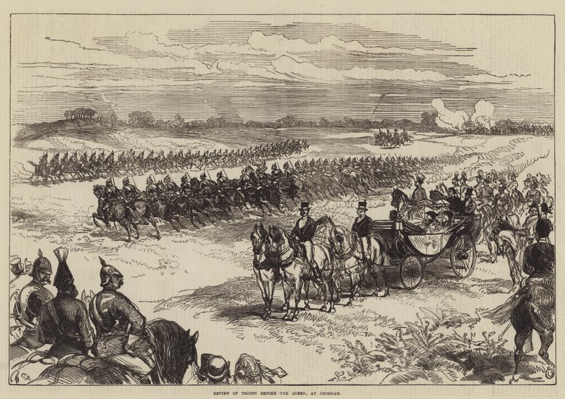 Troepenparade voor de koningin, in Chobham door Sir John Charles Robinson