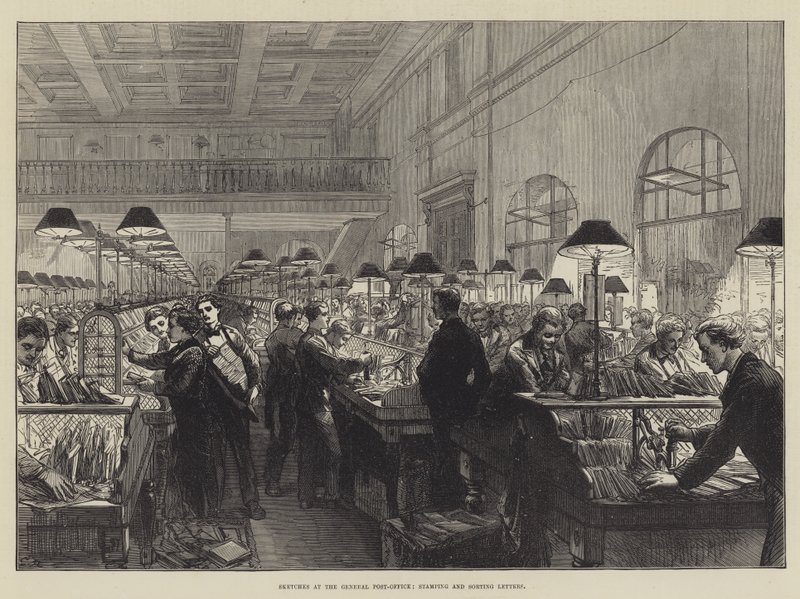 Schetsen bij het Hoofdpostkantoor, stempelen en sorteren van brieven door Sir John Charles Robinson