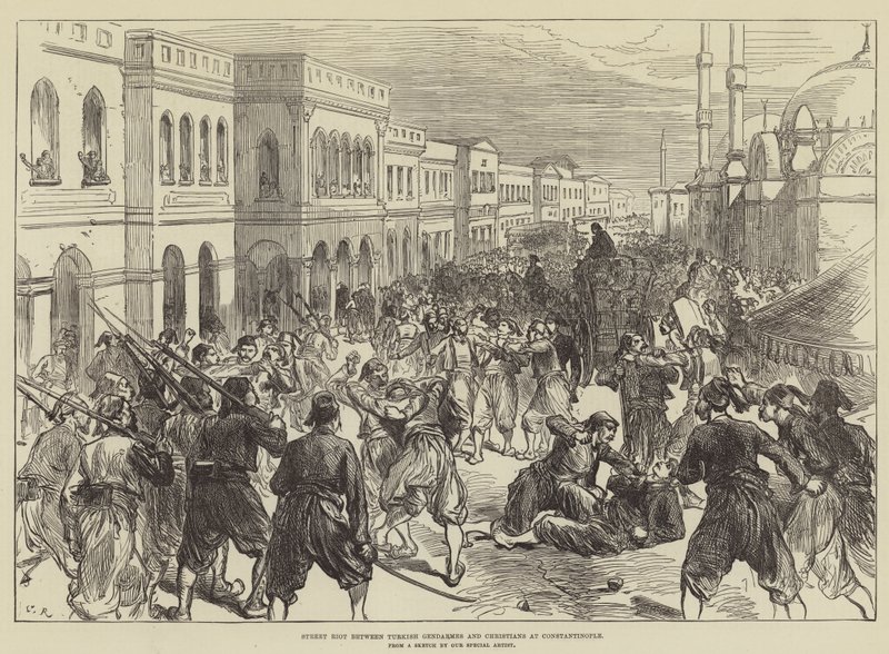 Straatoproer tussen Turkse gendarmes en christenen in Constantinopel door Sir John Charles Robinson