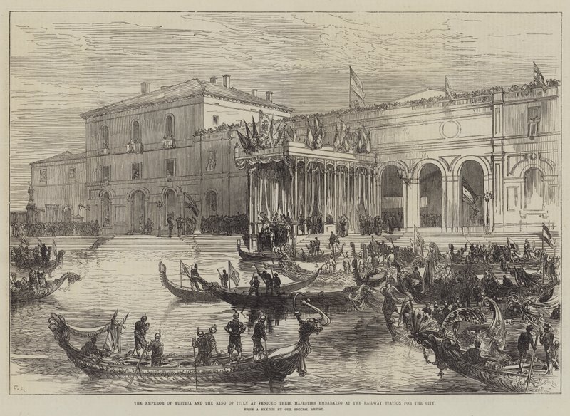 De keizer van Oostenrijk en de koning van Italië in Venetië, hun majesteiten gaan aan boord bij het treinstation naar de stad door Sir John Charles Robinson