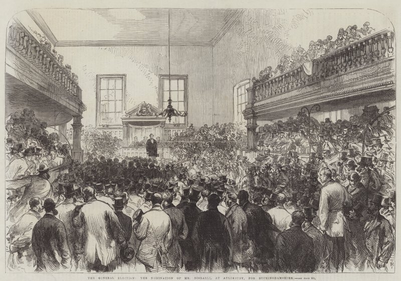 De algemene verkiezingen, de nominatie van Mr. Disraeli, in Aylesbury, voor Buckinghamshire door Sir John Charles Robinson