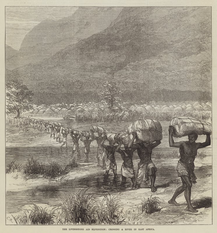 De Livingstone Hulp Expeditie, een rivier overstekend in Oost-Afrika door Sir John Charles Robinson