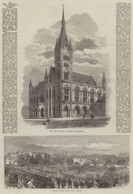 Het nieuwe stadhuis en parken in Preston door Sir John Charles Robinson