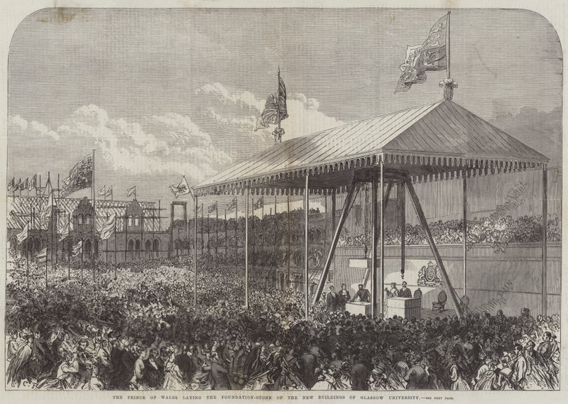 De Prins van Wales legt de eerste steen van de nieuwe gebouwen van de Universiteit van Glasgow door Sir John Charles Robinson