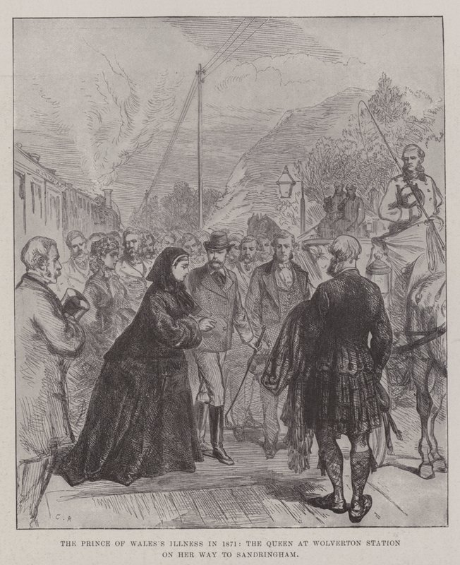De ziekte van de Prins van Wales in 1871, de Koningin op Wolverton Station op weg naar Sandringham door Sir John Charles Robinson