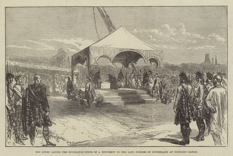 De Koningin legt de Eerste Steen van een Monument voor de overleden Hertogin van Sutherland bij Dunrobin Castle door Sir John Charles Robinson