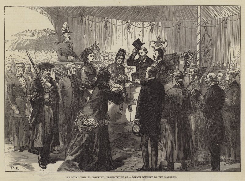 Het koninklijk bezoek aan Coventry, presentatie van een lintboeket door de burgemeestersvrouw door Sir John Charles Robinson
