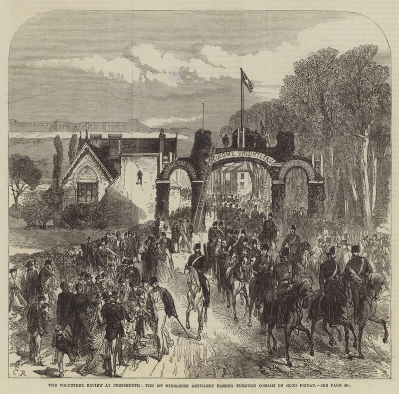 De Vrijwilligersparade in Portsmouth, de 1e Middlesex Artillery passeert door Cosham op Goede Vrijdag door Sir John Charles Robinson
