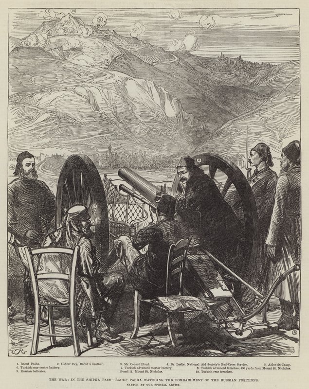 De Oorlog, in de Shipka-pas, Raouf Pasha kijkt naar het bombardement van de Russische posities door Sir John Charles Robinson