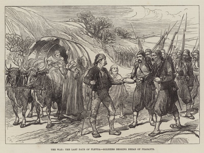 De oorlog, de laatste dagen van Plevna, soldaten bedelen om brood bij boeren door Sir John Charles Robinson