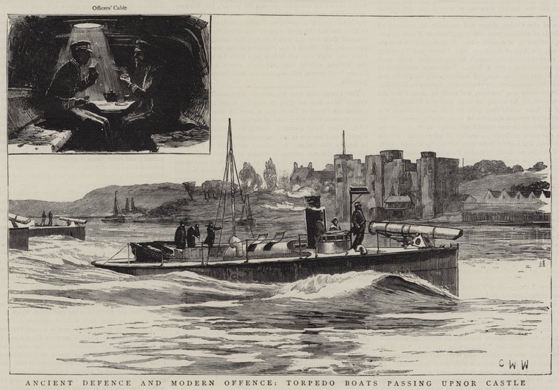 Oude Verdediging en Moderne Aanval, Torpedoboten passeren Upnor Castle door Charles William Wyllie