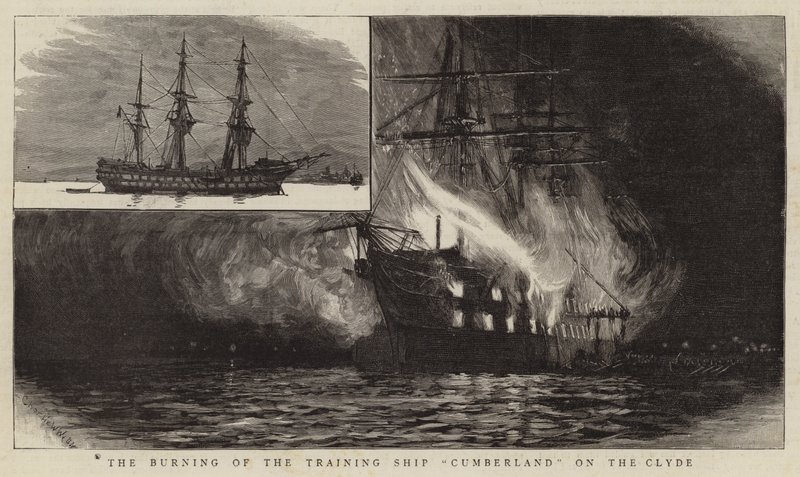 De Brand van het Opleidingsschip Cumberland op de Clyde door Charles William Wyllie