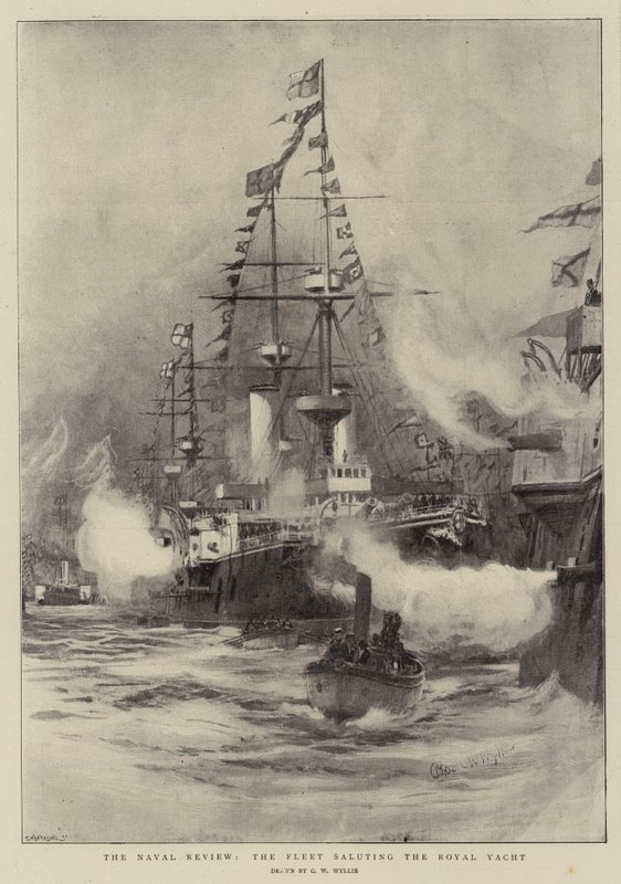 De Marineparade, de Vloot groet het Koninklijk Jacht door Charles William Wyllie
