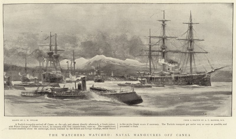 De waarnemer waargenomen, marine-oefeningen bij Canea door Charles William Wyllie