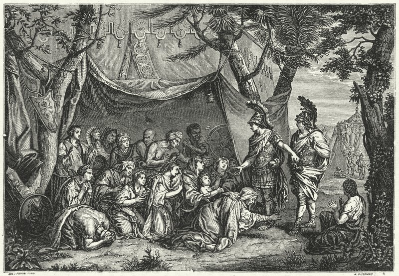 De koninginnen van Perzië aan de voeten van Alexander (gravure) door Charles (after) Le Brun