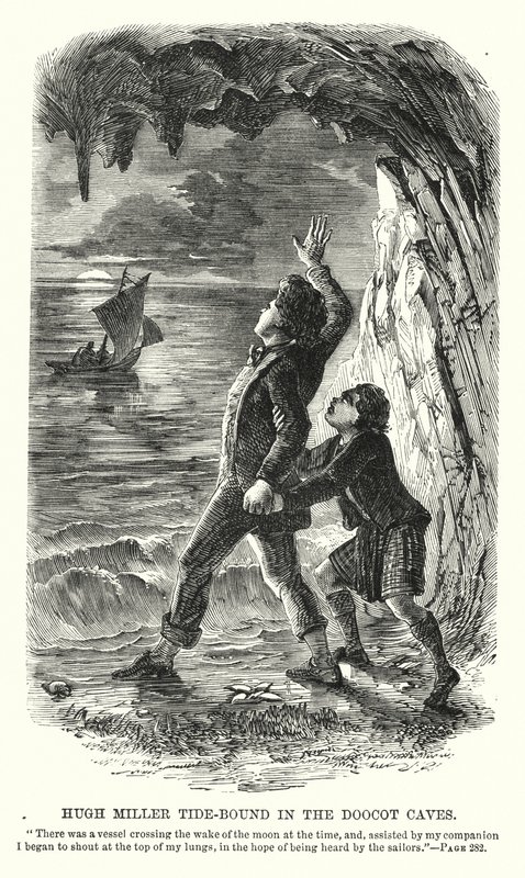 Hugh Miller vastgebonden in de Doocot Grotten (gravure) door Charles Altamont Doyle