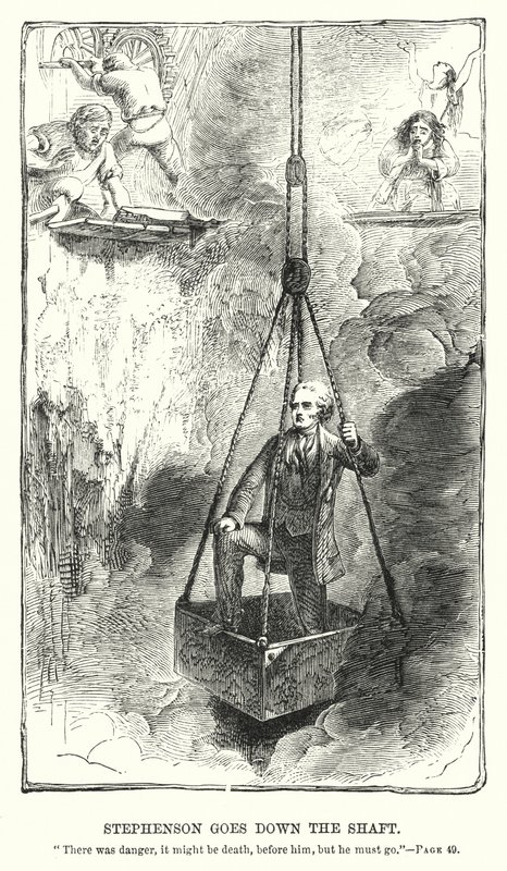 Stephenson gaat de schacht in (gravure) door Charles Altamont Doyle
