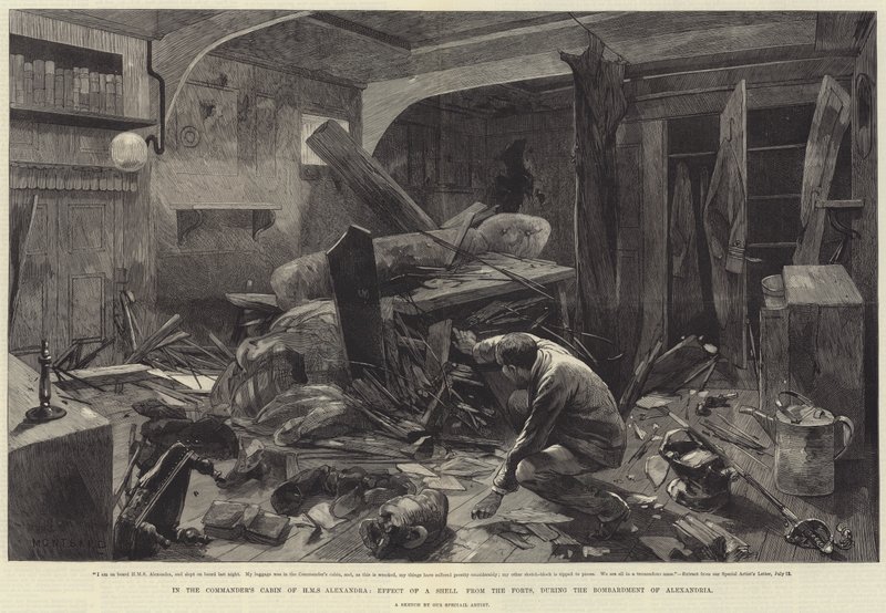 In de Commandantshut van HMS Alexandra, Effect van een Granaat van de Forten, tijdens het Bombardement van Alexandrië door Charles Auguste Loye