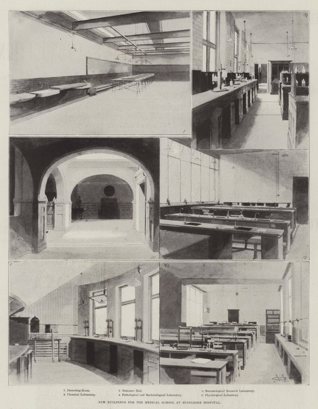 Nieuwe Gebouwen voor de Medische School bij Middlesex Hospital door Charles Auguste Loye