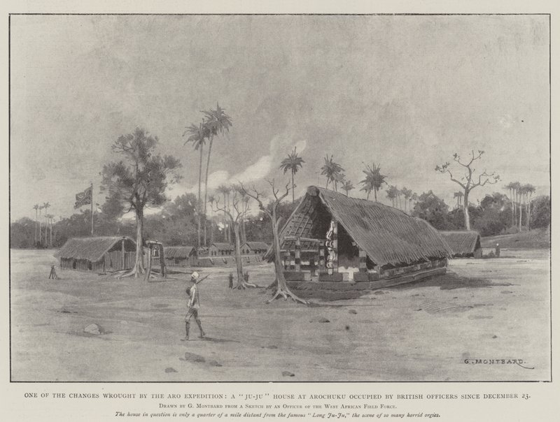 Een van de Veranderingen door de Aro Expeditie, een Ju-Ju Huis in Arochuku bezet door Britse Officieren sinds 23 december door Charles Auguste Loye