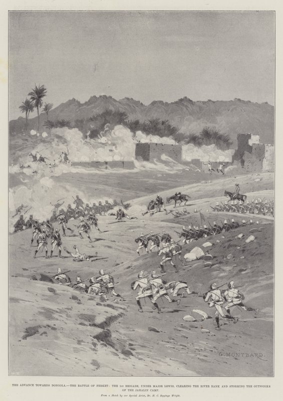De Opmars naar Dongola, de Slag bij Ferket, de 1e Brigade, onder leiding van Majoor Lewis, zuivert de Rivieroever en bestormt de Buitenwerken van het Jahalin Kamp door Charles Auguste Loye