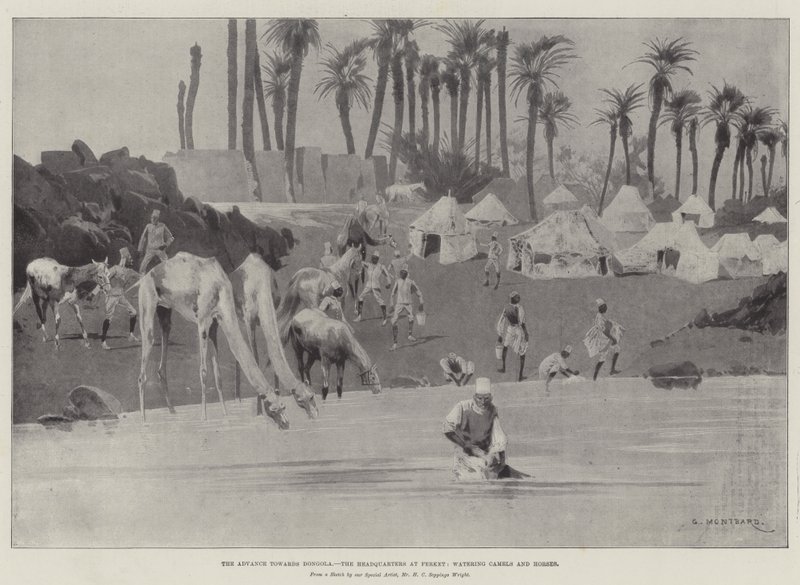 De Vooruitgang naar Dongola, het Hoofdkwartier in Ferket, het Wateren van Kamelen en Paarden door Charles Auguste Loye